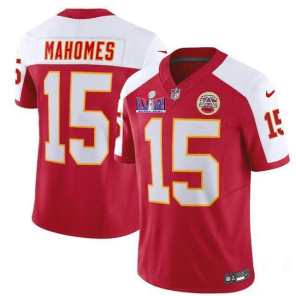 Kansas City Chiefs #15 Patrick Mahomes Red White FUSE Super Bowl LVIII Patch Jersey