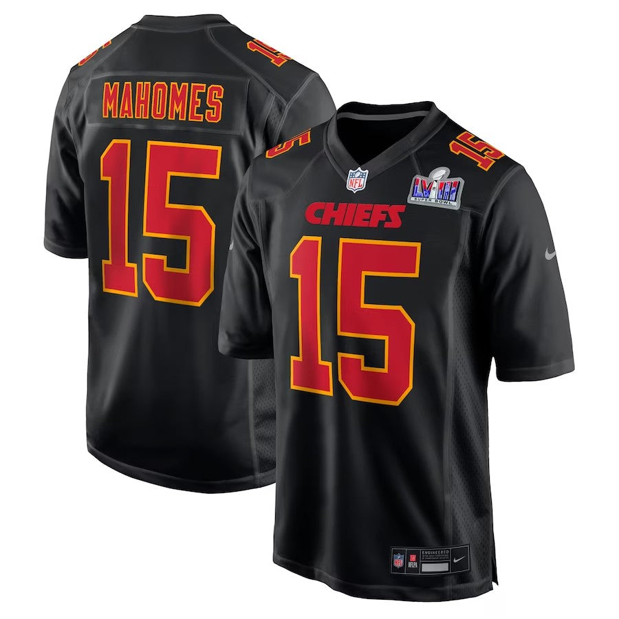 Kansas City Chiefs #15 Patrick Mahomes Super Bowl LVIII Carbon Fashion Game Player Jersey – Black