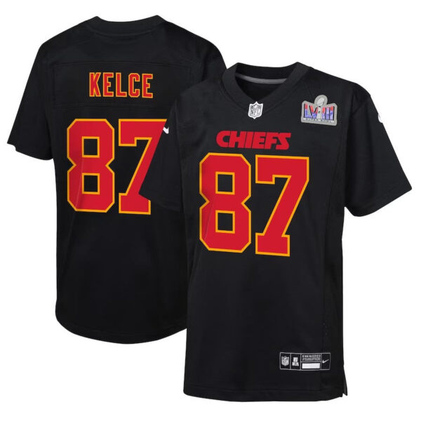 Kansas City Chiefs #87 Travis Kelce Super Bowl LVIII Patch Carbon Fashion Game Jersey – Black
