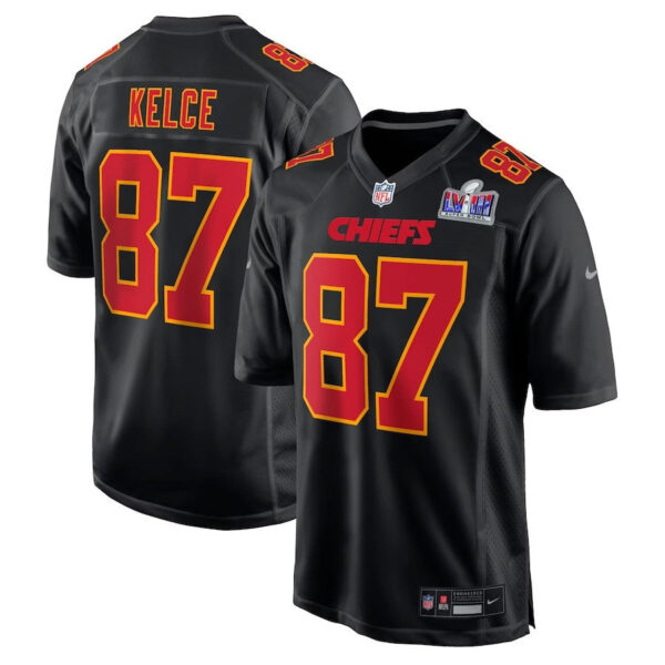 Kansas City Chiefs #87 Travis Kelce Super Bowl LVIII Carbon Fashion Game Player Jersey – Black