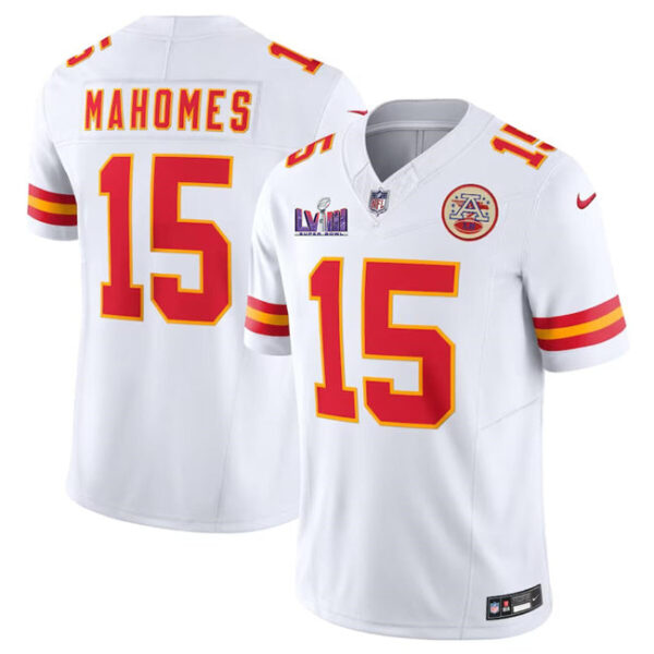 Kansas City Chiefs #15 Patrick Mahomes White FUSE Super Bowl LVIII Patch Vapor Jersey