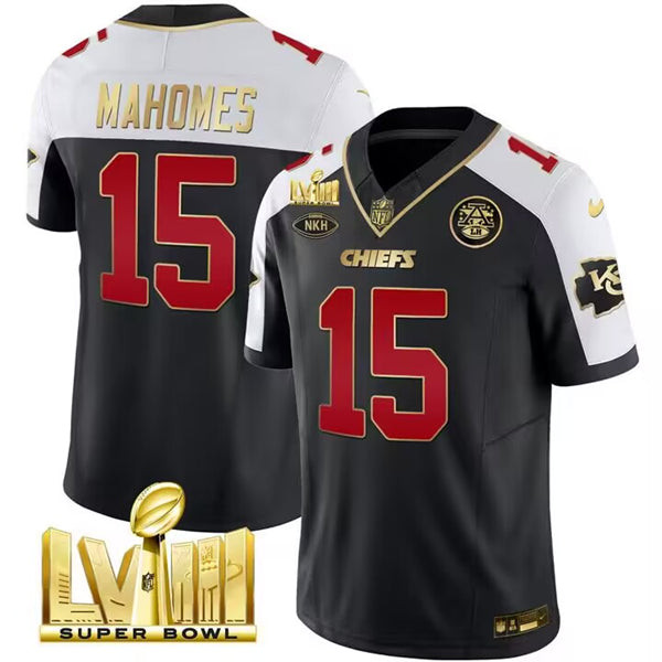 Men’s Kansas City Chiefs #15 Patrick Mahomes Black White 2024 F U S E Super Bowl LVIII Patch With NKH Patch Vapor Untouchable Limited Jersey