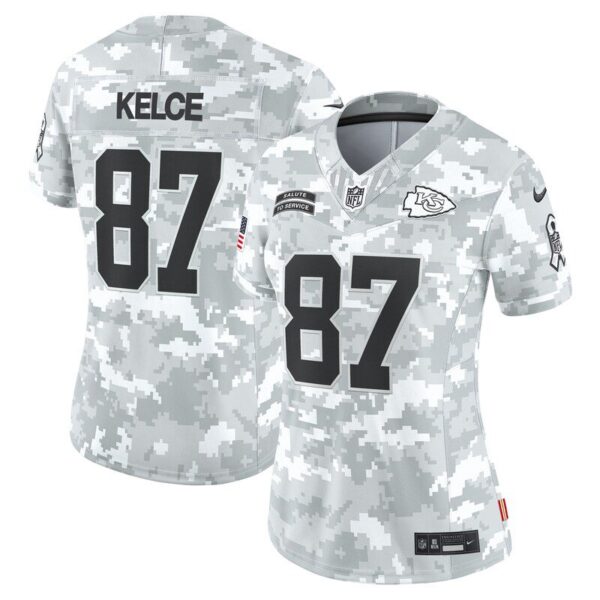 Travis Kelce Kansas City Chiefs Womens 2024 Salute To Service Limited Jersey Arctic Camo