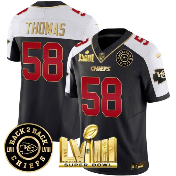Men’s Chiefs Super Bowl LVIII & Back 2 Back Patch Vapor Jersey V3 – All Stitched – Black Alternate – Derrick Thomas
