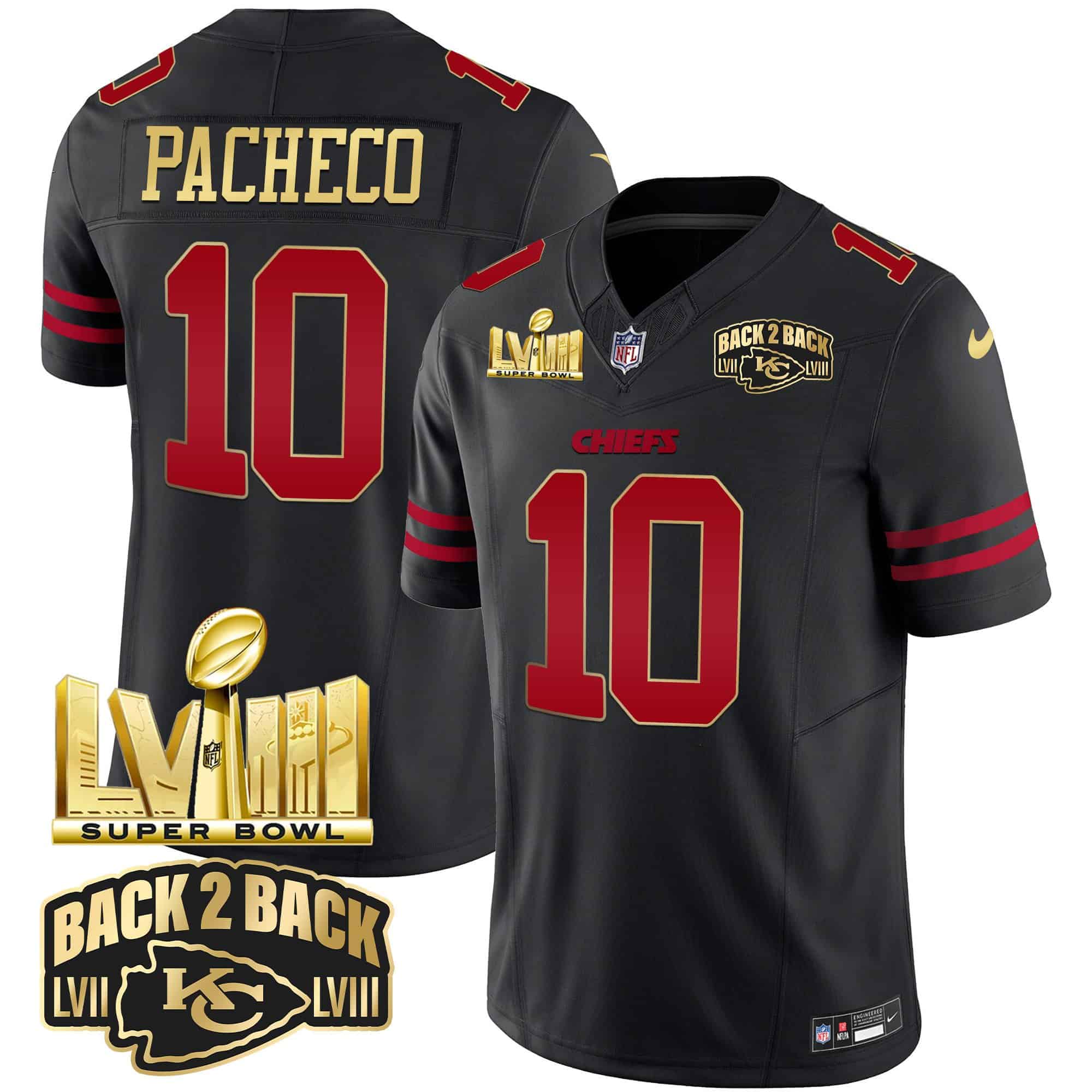 Men’s Chiefs Super Bowl LVIII & Back 2 Back Gold Patch Vapor Jersey – All Stitched – Gold Trim – Isiah Pacheco