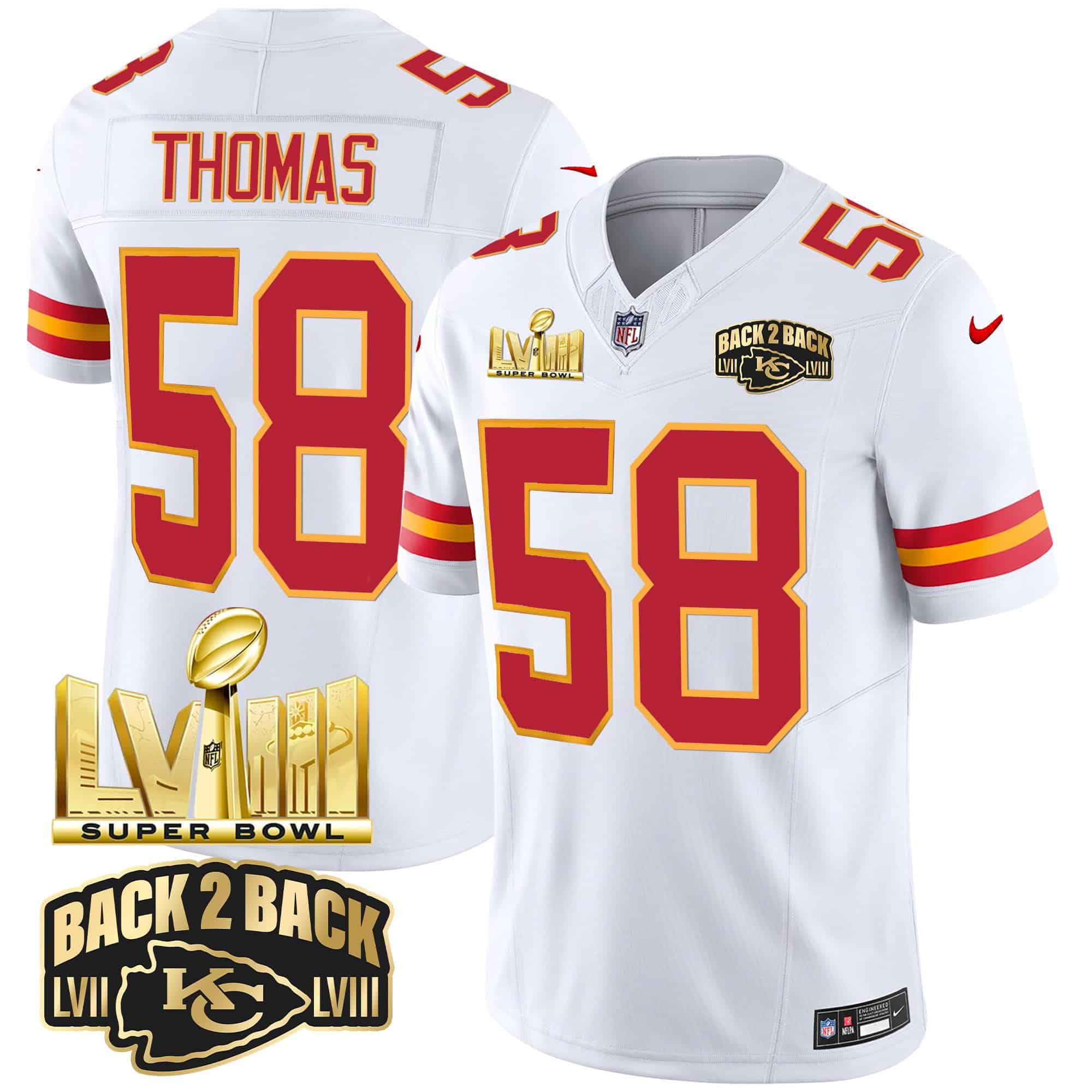 Men’s Chiefs Super Bowl LVIII & Back 2 Back Gold Patch Vapor Jersey – All Stitched – White – Derrick Thomas