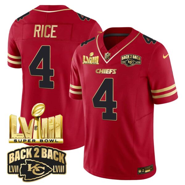 Men’s Chiefs Super Bowl LVIII & Back 2 Back Gold Patch Vapor Jersey – All Stitched – Black Red – Rashee Rice