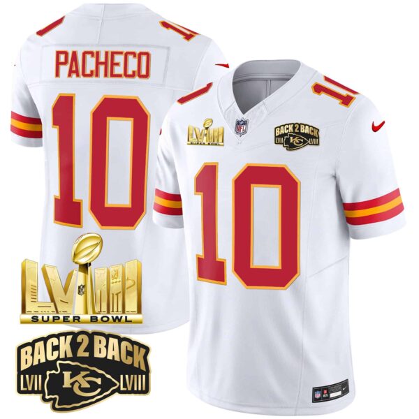 Men’s Chiefs Super Bowl LVIII & Back 2 Back Gold Patch Vapor Jersey – All Stitched – White – Isiah Pacheco