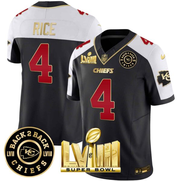 Men’s Chiefs Super Bowl LVIII & Back 2 Back Patch Vapor Jersey V3 – All Stitched – Black Alternate – Rashee Rice