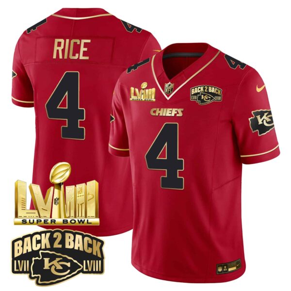 Men’s Chiefs Super Bowl LVIII & Back 2 Back Gold Patch Vapor Jersey – All Stitched – Red Special – Rashee Rice