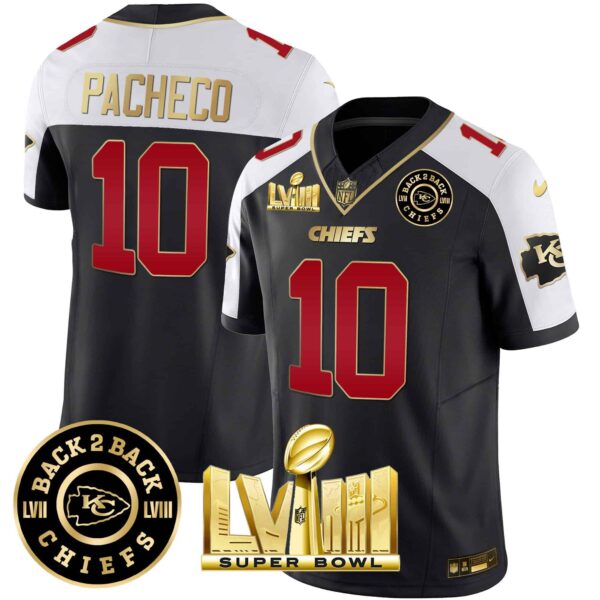 Men’s Chiefs Super Bowl LVIII & Back 2 Back Patch Vapor Jersey V3 – All Stitched – Black Alternate – Isiah Pacheco
