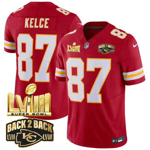 Men’s Chiefs Super Bowl LVIII & Back 2 Back Gold Patch Vapor Jersey – All Stitched – Red – Travis Kelce