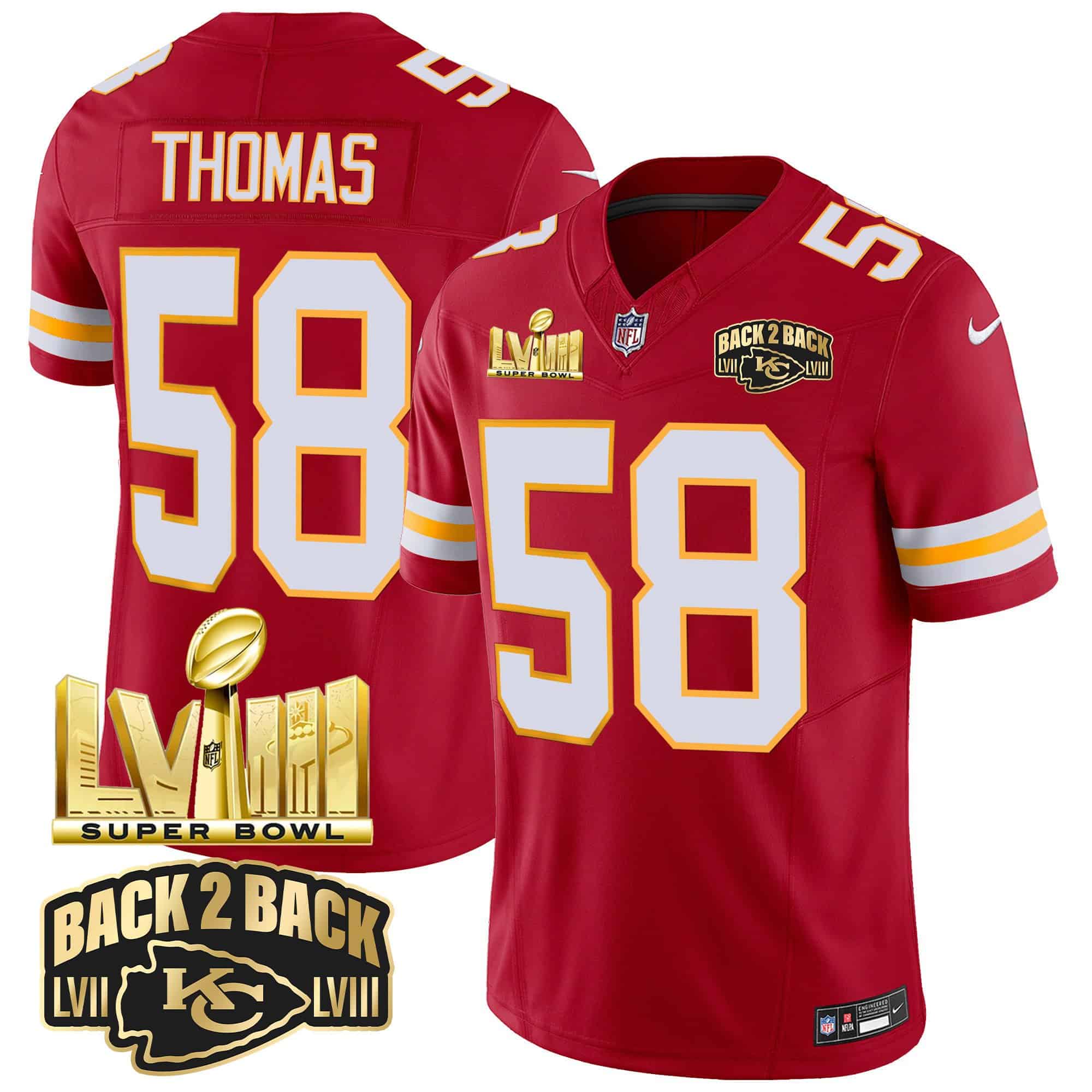 Men’s Chiefs Super Bowl LVIII & Back 2 Back Gold Patch Vapor Jersey – All Stitched – Red – Derrick Thomas