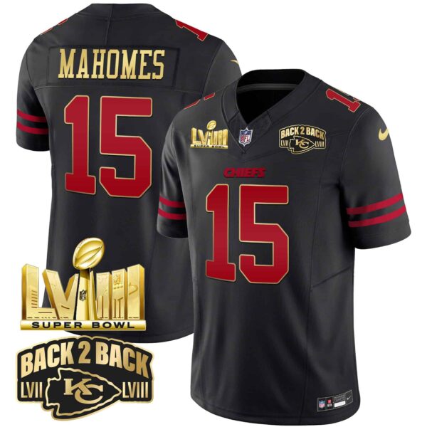 Men’s Chiefs Super Bowl LVIII & Back 2 Back Gold Patch Vapor Jersey – All Stitched – Gold Trim – Patrick Mahomes