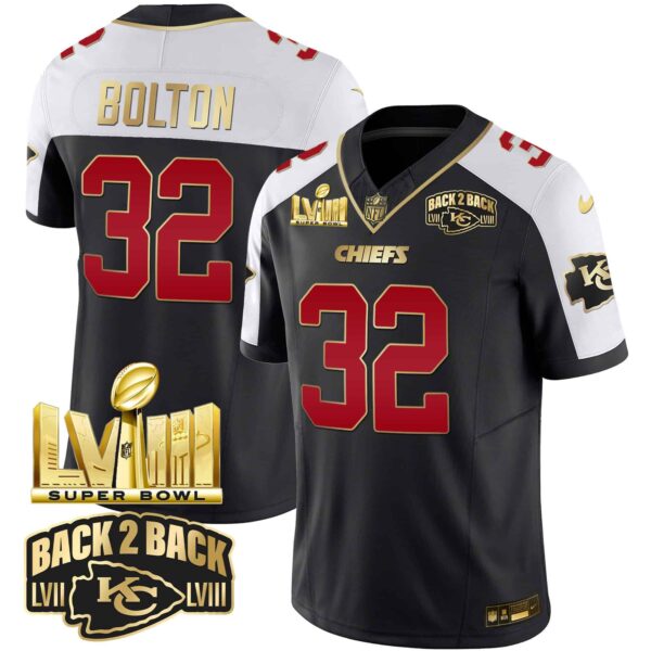 Men’s Chiefs Super Bowl LVIII & Back 2 Back Gold Patch Vapor Jersey – All Stitched – Black Alternate – Nick Bolton