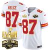 Men’s Chiefs Super Bowl LVIII & Back 2 Back Gold Patch Vapor Jersey – All Stitched – White – Travis Kelce