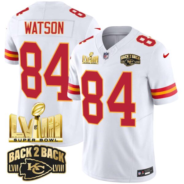 Men’s Chiefs Super Bowl LVIII & Back 2 Back Gold Patch Vapor Jersey – All Stitched – White – Justin Watson