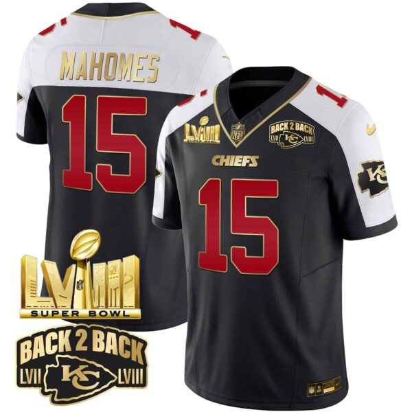 Men’s Chiefs Super Bowl LVIII & Back 2 Back Gold Patch Vapor Jersey – All Stitched – Black Alternate – Patrick Mahomes