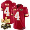 Men’s Chiefs Super Bowl LVIII & Back 2 Back Gold Patch Vapor Jersey – All Stitched – Red – Rashee Rice