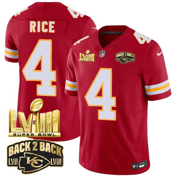 Men’s Chiefs Super Bowl LVIII & Back 2 Back Gold Patch Vapor Jersey – All Stitched – Red – Rashee Rice