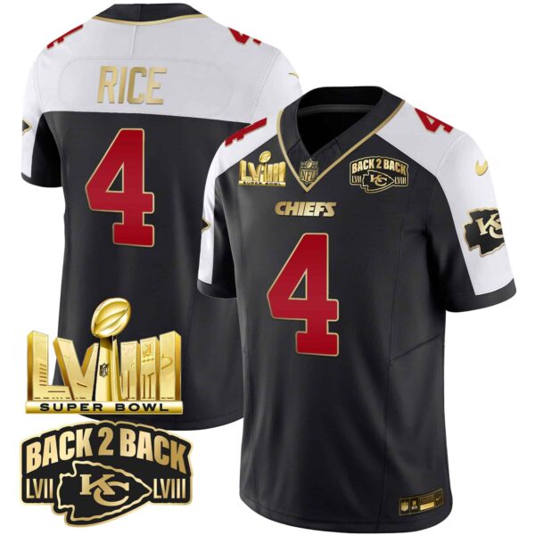 Men’s Chiefs Super Bowl LVIII & Back 2 Back Gold Patch Vapor Jersey – All Stitched – Black Alternate – Rashee Rice