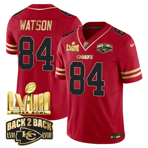 Men’s Chiefs Super Bowl LVIII & Back 2 Back Gold Patch Vapor Jersey – All Stitched – Black Red – Justin Watson