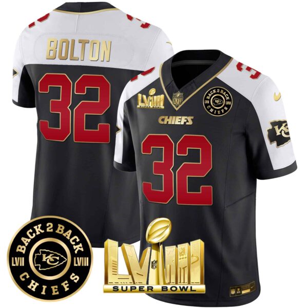Men’s Chiefs Super Bowl LVIII & Back 2 Back Patch Vapor Jersey V3 – All Stitched – Black Alternate – Nick Bolton