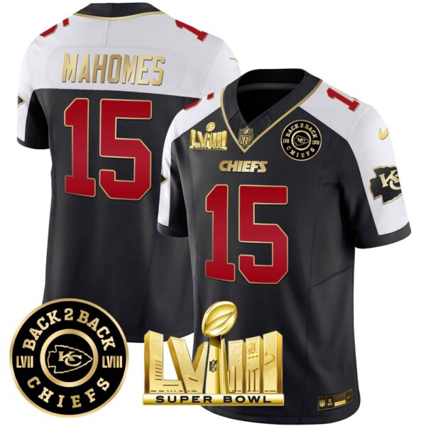 Men’s Chiefs Super Bowl LVIII & Back 2 Back Patch Vapor Jersey V3 – All Stitched – Black Alternate – Patrick Mahomes