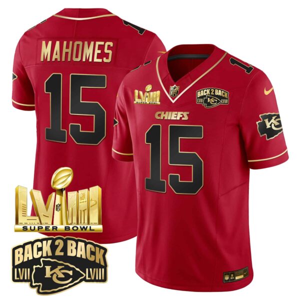 Men’s Chiefs Super Bowl LVIII & Back 2 Back Gold Patch Vapor Jersey – All Stitched – Red Special – Patrick Mahomes