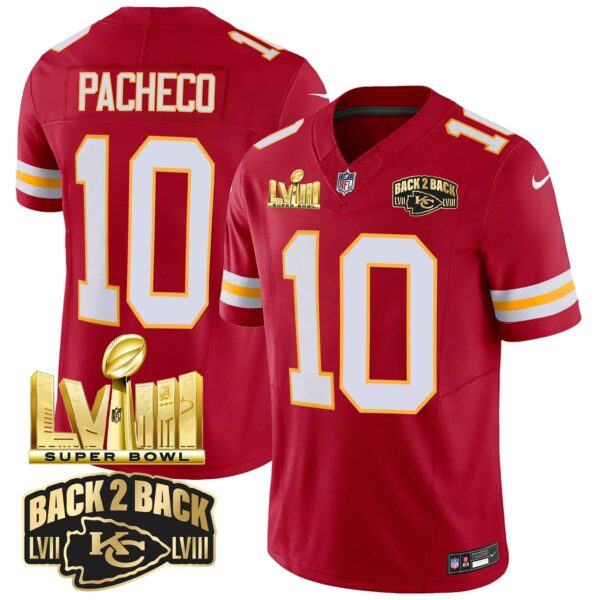 Men’s Chiefs Super Bowl LVIII & Back 2 Back Gold Patch Vapor Jersey – All Stitched – Red – Isiah Pacheco