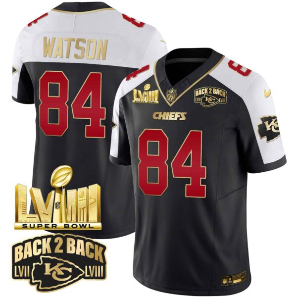 Men’s Chiefs Super Bowl LVIII & Back 2 Back Gold Patch Vapor Jersey – All Stitched – Black Alternate – Justin Watson