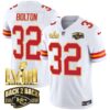 Men’s Chiefs Super Bowl LVIII & Back 2 Back Gold Patch Vapor Jersey – All Stitched – White – Nick Bolton