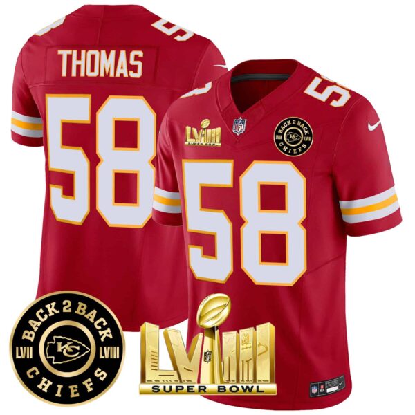 Men’s Chiefs Super Bowl LVIII & Back 2 Back Patch Vapor Jersey V3 – All Stitched – Red – Derrick Thomas