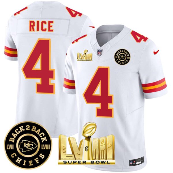 Men’s Chiefs Super Bowl LVIII & Back 2 Back Patch Vapor Jersey V3 – All Stitched – White – Rashee Rice