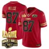 Men’s Chiefs Super Bowl LVIII & Back 2 Back Gold Patch Vapor Jersey – All Stitched – Black Red – Travis Kelce
