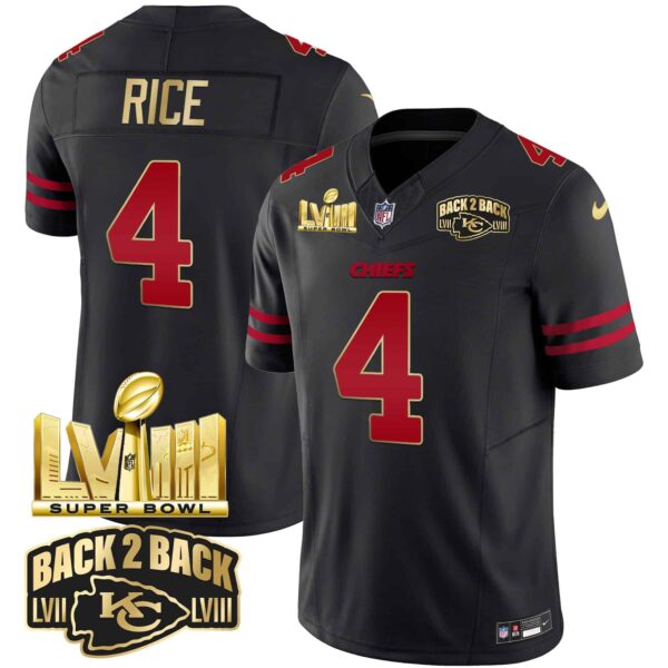 Men’s Chiefs Super Bowl LVIII & Back 2 Back Gold Patch Vapor Jersey – All Stitched – Gold Trim – Rashee Rice