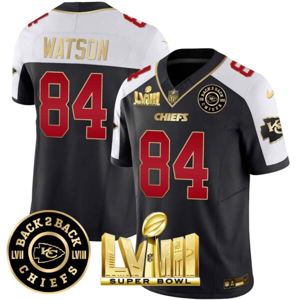 Men’s Chiefs Super Bowl LVIII & Back 2 Back Patch Vapor Jersey V3 – All Stitched – Black Alternate – Justin Watson