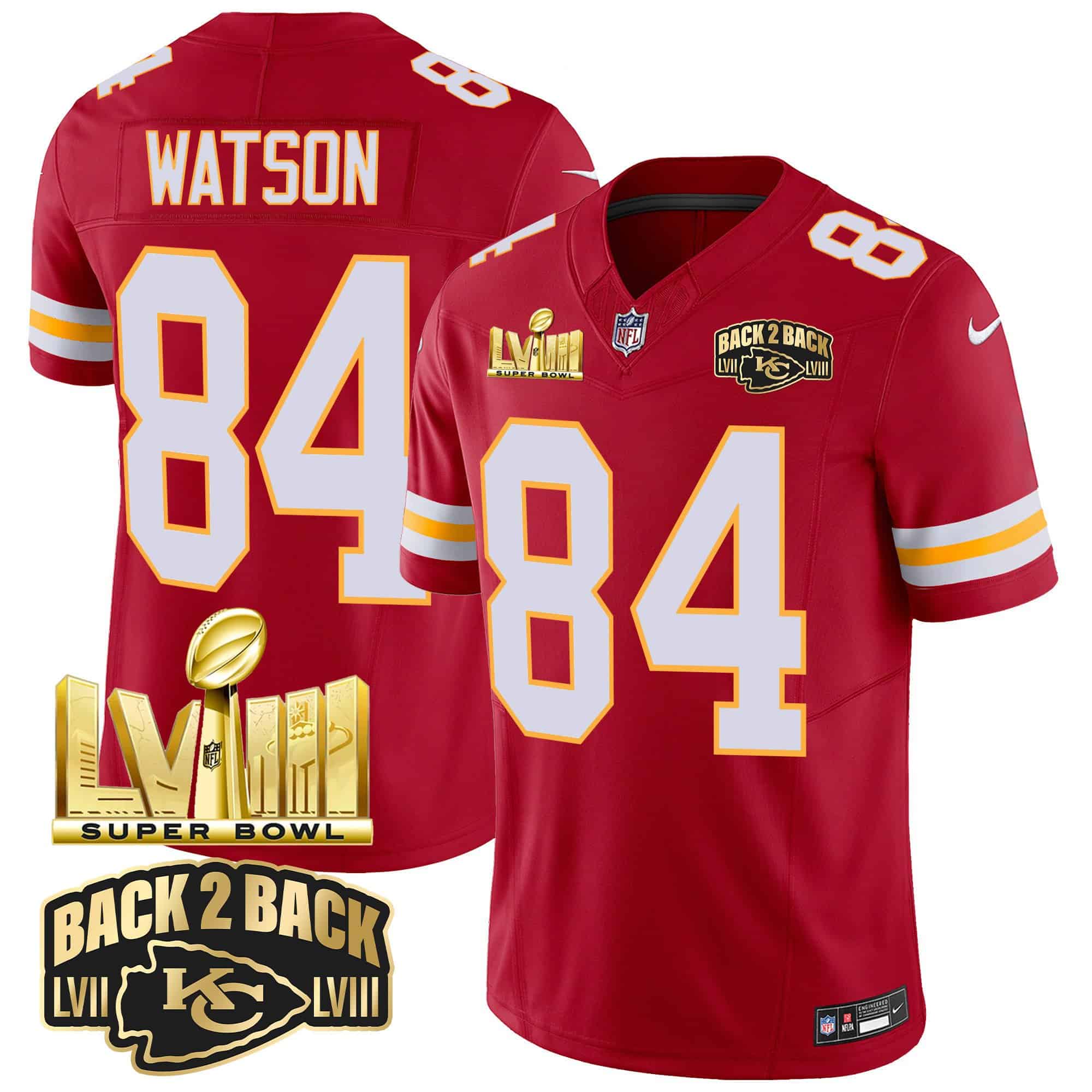 Men’s Chiefs Super Bowl LVIII & Back 2 Back Gold Patch Vapor Jersey – All Stitched – Red – Justin Watson