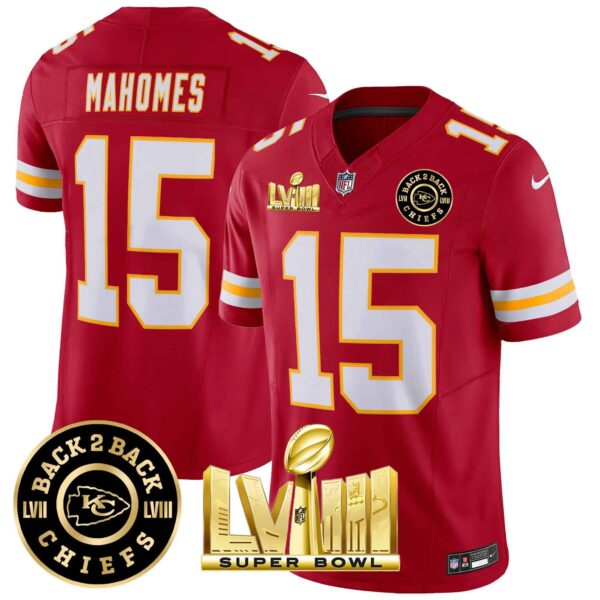 Men’s Chiefs Super Bowl LVIII & Back 2 Back Patch Vapor Jersey V3 – All Stitched – Red – Patrick Mahomes