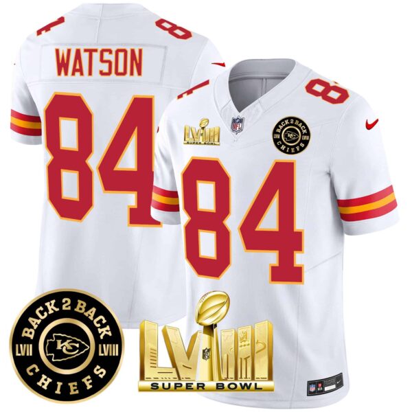Men’s Chiefs Super Bowl LVIII & Back 2 Back Patch Vapor Jersey V3 – All Stitched – White – Justin Watson