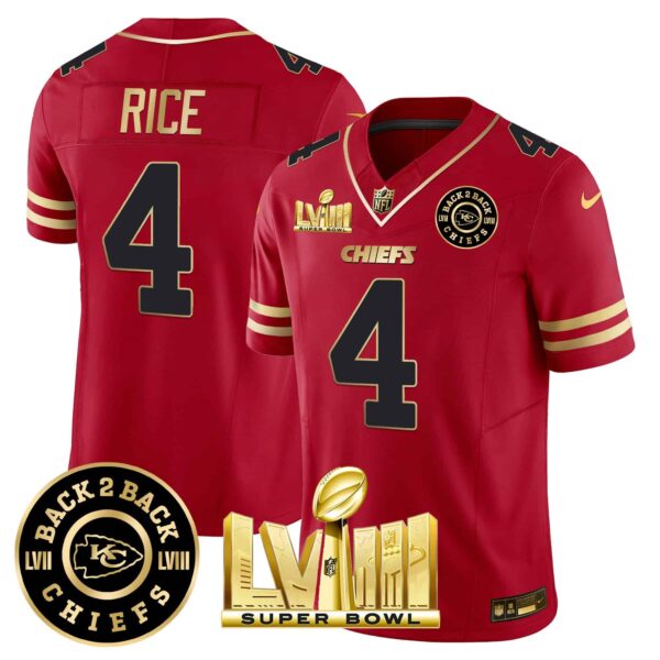 Men’s Chiefs Super Bowl LVIII & Back 2 Back Patch Vapor Jersey V3 – All Stitched – Black Red – Rashee Rice