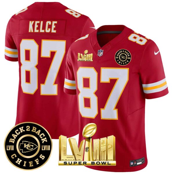 Men’s Chiefs Super Bowl LVIII & Back 2 Back Patch Vapor Jersey V3 – All Stitched – Red – Travis Kelce