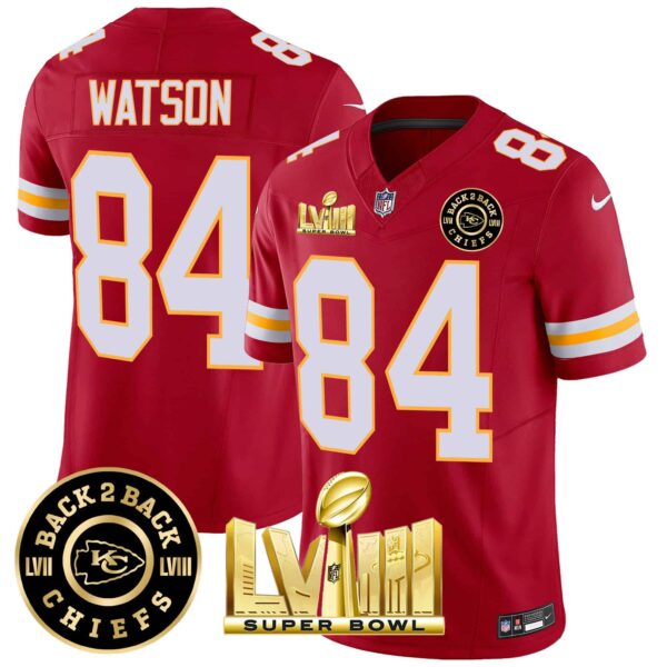 Men’s Chiefs Super Bowl LVIII & Back 2 Back Patch Vapor Jersey V3 – All Stitched – Red – Justin Watson