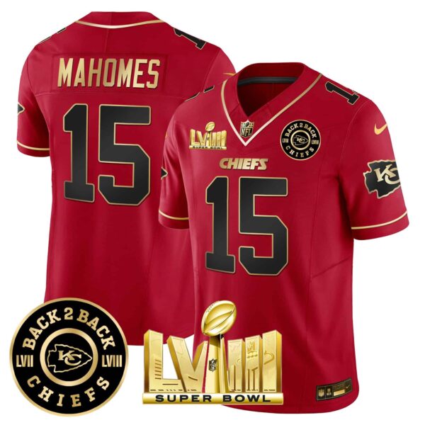 Men’s Chiefs Super Bowl LVIII & Back 2 Back Patch Vapor Jersey V3 – All Stitched – Red Special – Patrick Mahomes