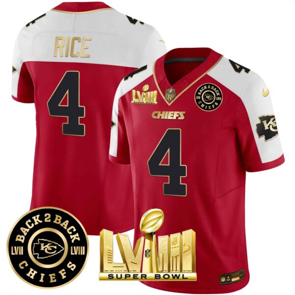 Men’s Chiefs Super Bowl LVIII & Back 2 Back Patch Vapor Jersey V3 – All Stitched – Red Alternate – Rashee Rice