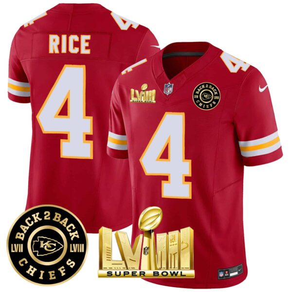 Men’s Chiefs Super Bowl LVIII & Back 2 Back Patch Vapor Jersey V3 – All Stitched – Red – Rashee Rice