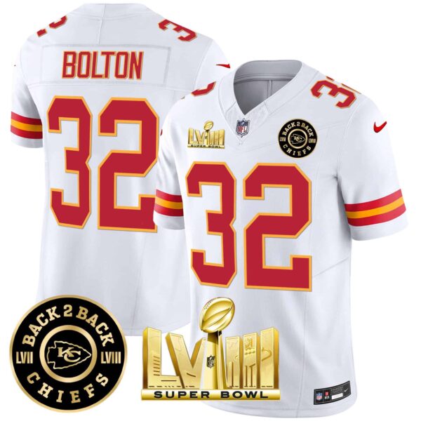 Men’s Chiefs Super Bowl LVIII & Back 2 Back Patch Vapor Jersey V3 – All Stitched – White – Nick Bolton