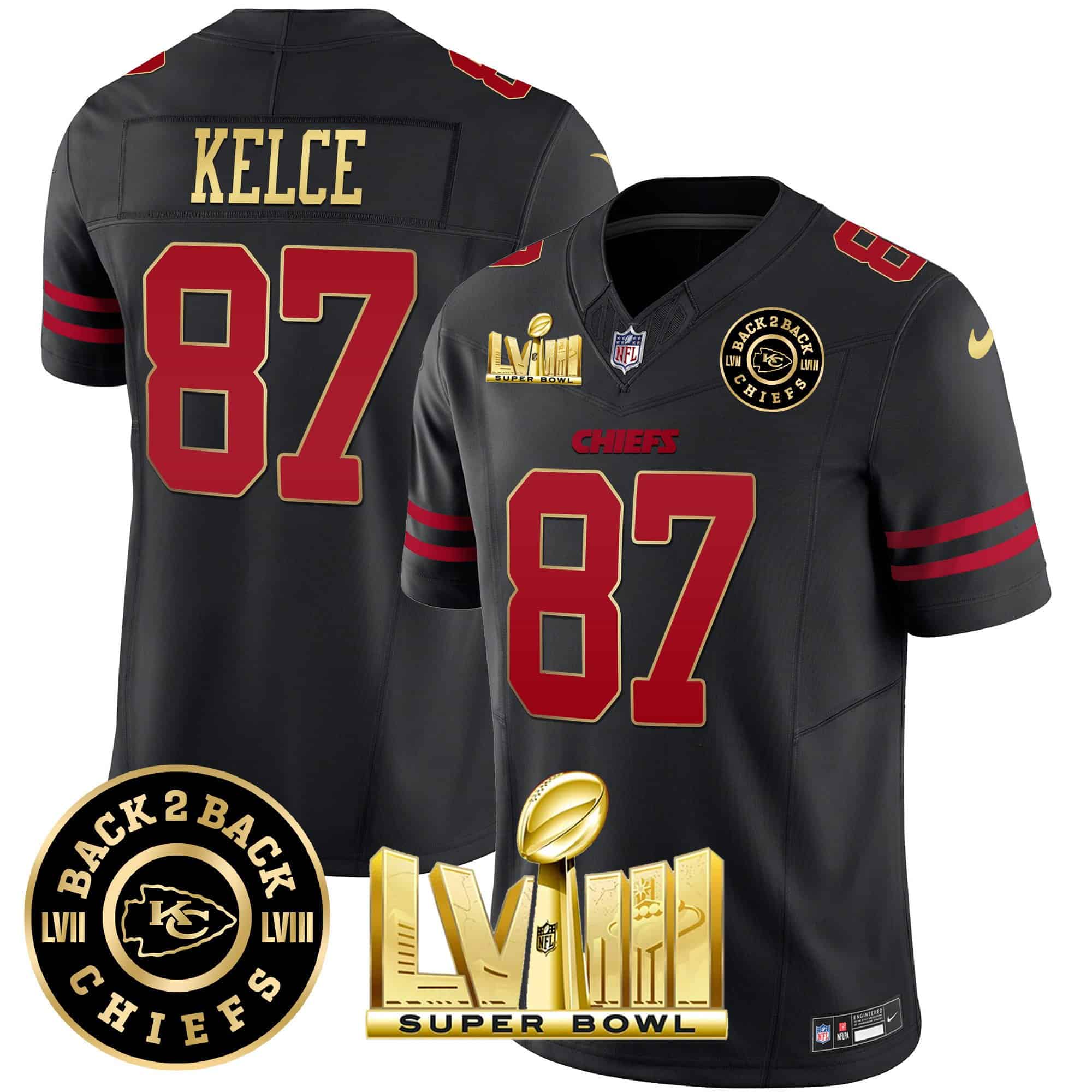 Men’s Chiefs Super Bowl LVIII & Back 2 Back Patch Vapor Jersey V3 – All Stitched – Gold Trim – Travis Kelce