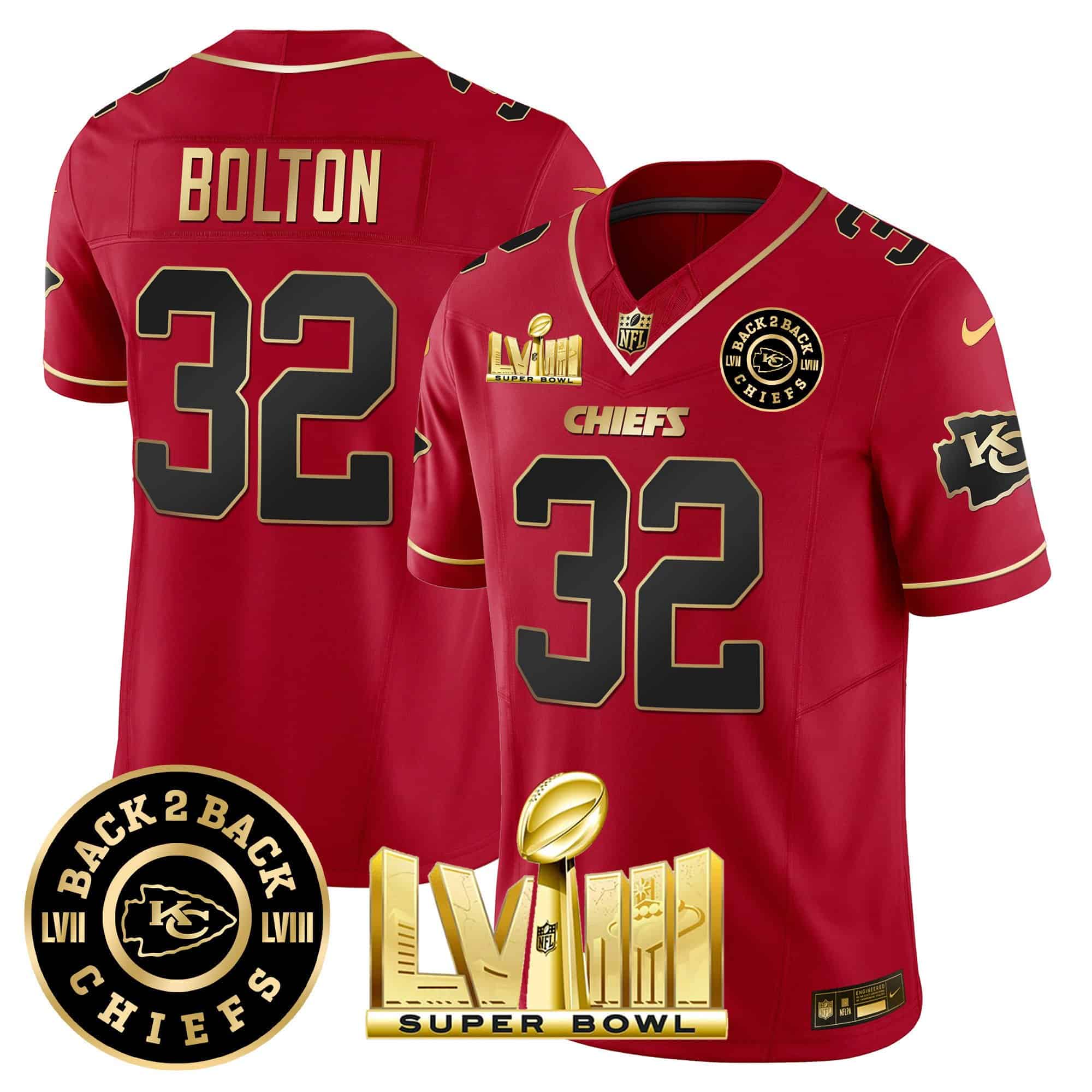 Men’s Chiefs Super Bowl LVIII & Back 2 Back Patch Vapor Jersey V3 – All Stitched – Red Special – Nick Bolton