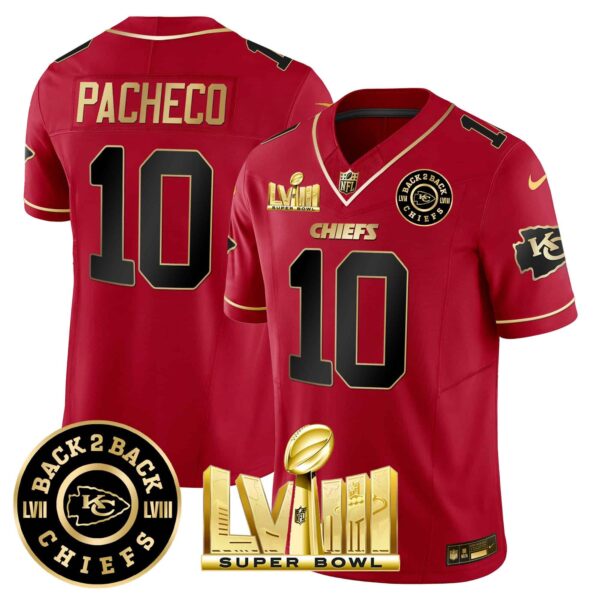 Men’s Chiefs Super Bowl LVIII & Back 2 Back Patch Vapor Jersey V3 – All Stitched – Red Special – Isiah Pacheco
